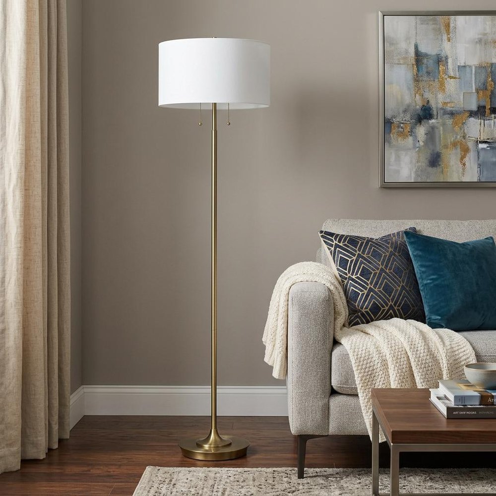 64" Brass Two Light Traditional Shaped Floor Lamp With White Rectangular Shade