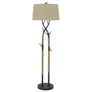 55" Black Metal And Rope Tree Branch Floor Lamp With Tan Fabric Shade