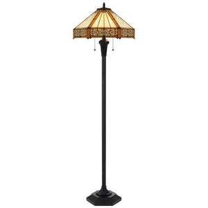 60" Bronze Two Light Traditional Shaped Floor Lamp With Orange and Ivory Abstract Tiffany Glass Empire Shade