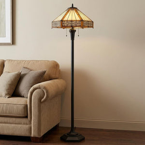 60" Bronze Two Light Traditional Shaped Floor Lamp With Orange and Ivory Abstract Tiffany Glass Empire Shade