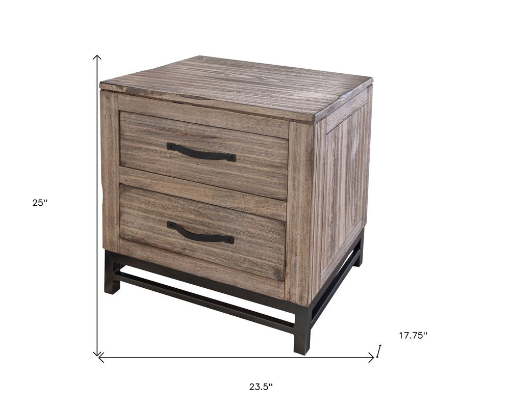 25" Brown Solid Wood Two Drawer Nightstand