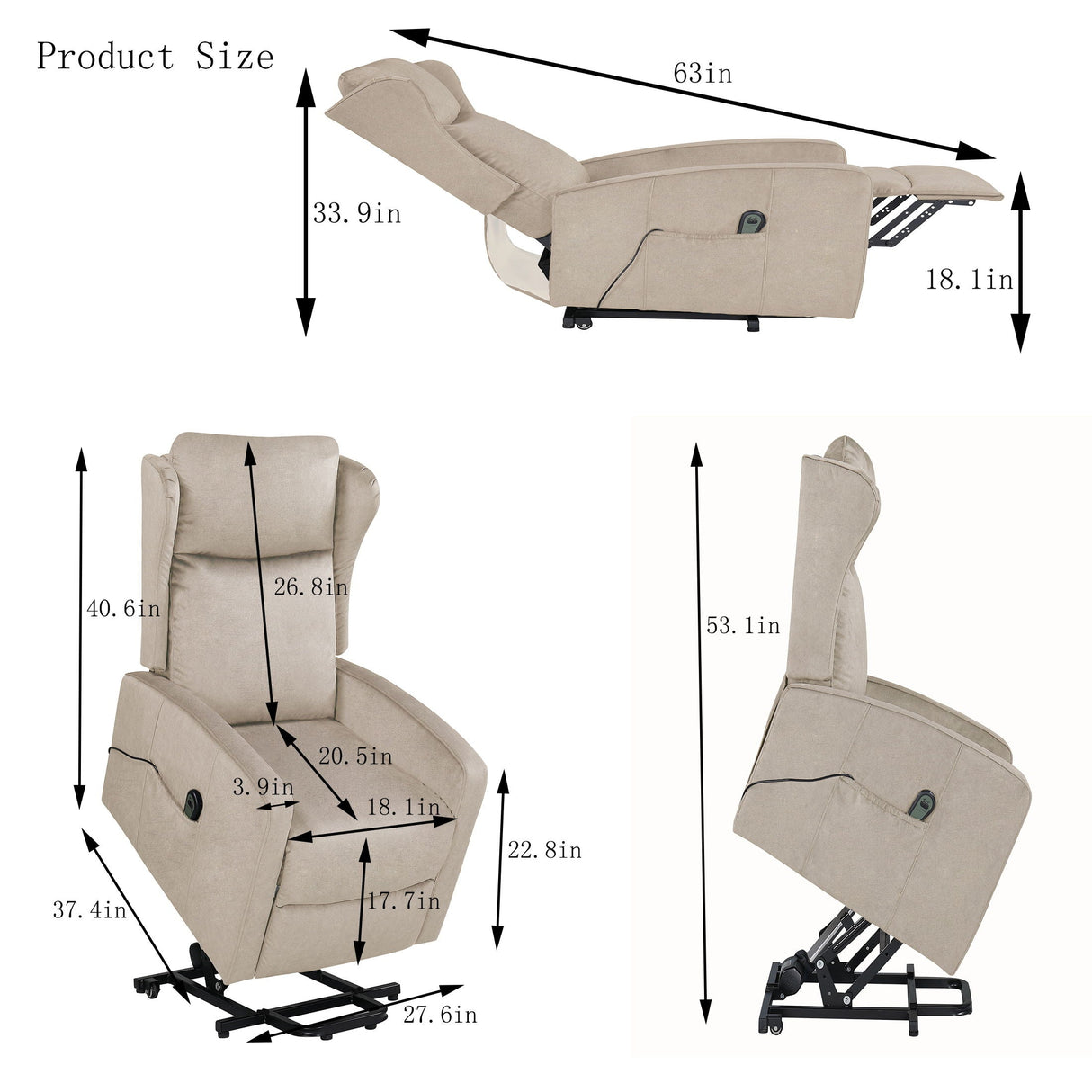 Diagram depicts the Power Lift Recliner Chair in light gray, shown in both upright (53.1"x37.4"x27.6") and reclined (63"x33.9"x18.1") positions, with dimensions labeled for chair height, width, and depth alongside detailed measurements of specific parts.