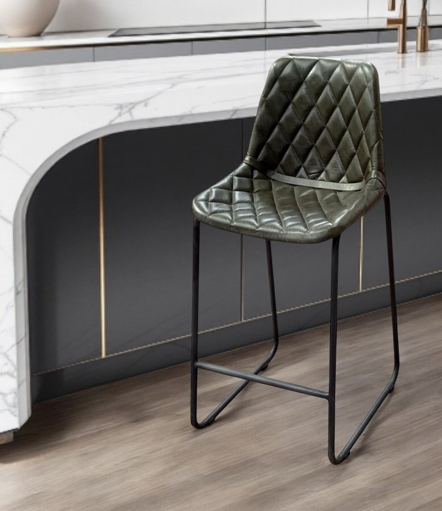 27" Green and Black Leather and Iron Counter Height Bar Chair