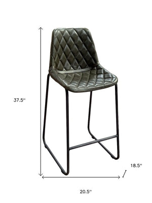 27" Green And Black Leather And Genuine Leather And Iron Counter Height Bar Chair