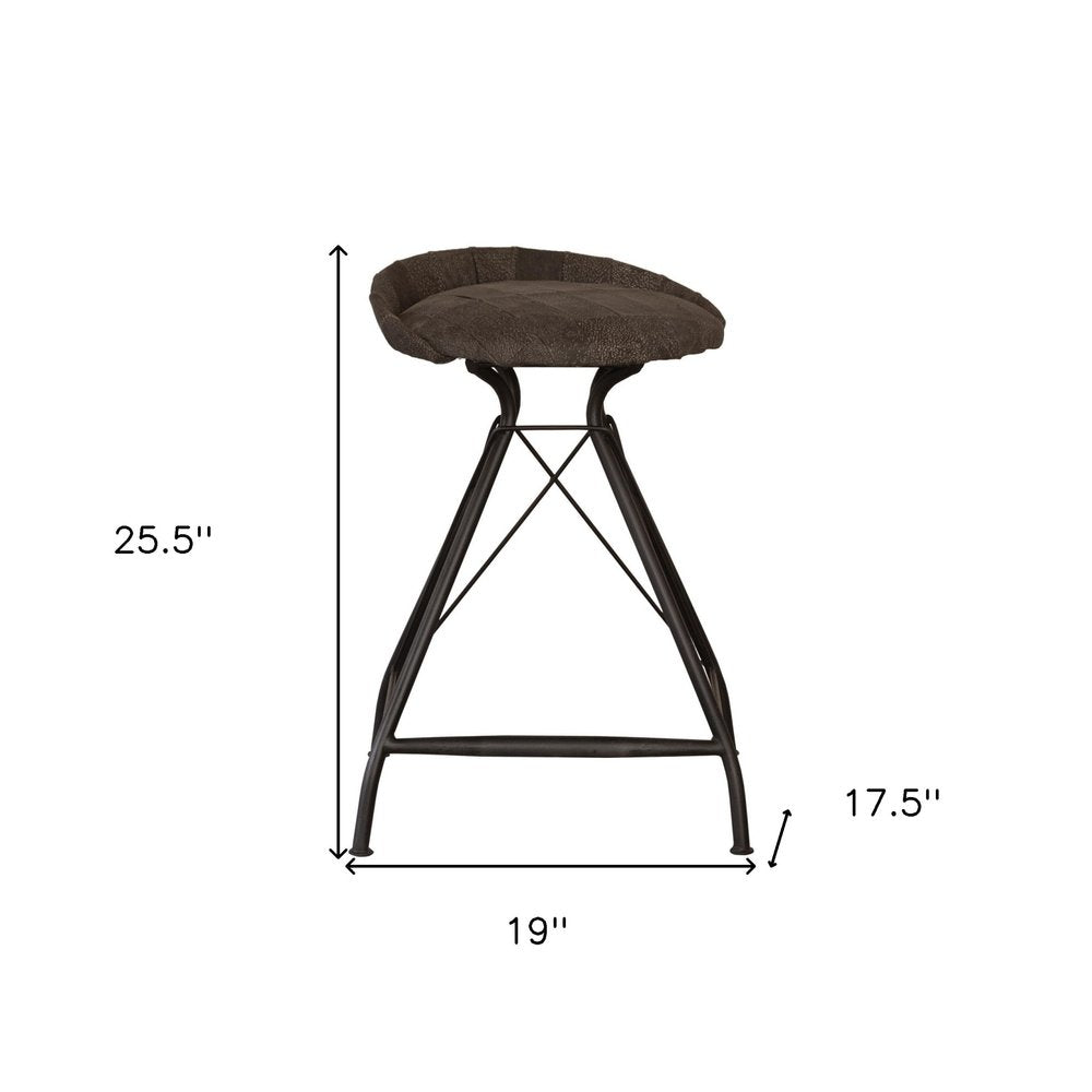 25" Brown and Black Leather and Iron Low Back Counter Height Swivel Bar Chair