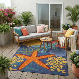 5' X 7' Orange Green and Blue Indoor Outdoor Area Rug