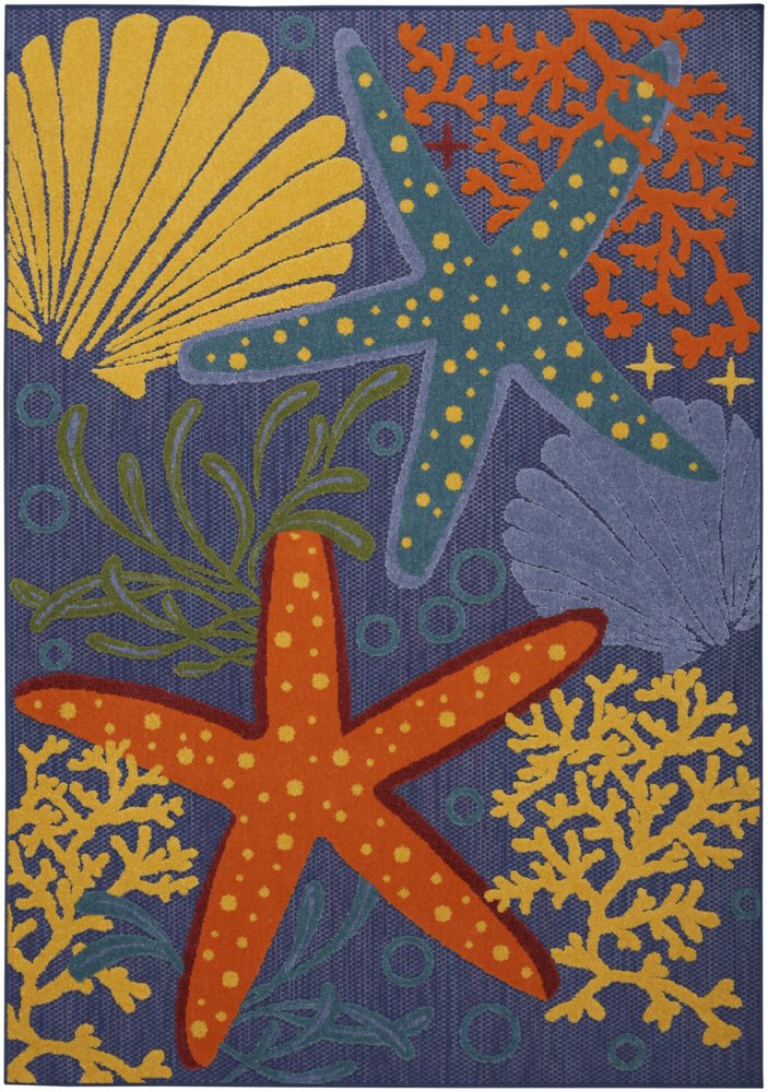 5' X 7' Orange Green and Blue Indoor Outdoor Area Rug