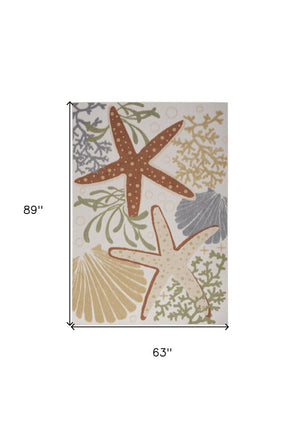 5' X 7' Ivory Orange and Blue Indoor Outdoor Area Rug