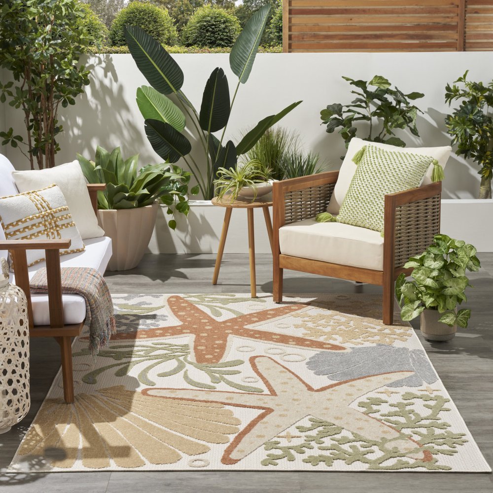 6' X 9' Ivory Orange And Blue Indoor Outdoor Area Rug
