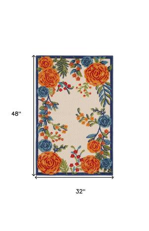 3' X 4' Ivory Orange and Blue Floral Indoor Outdoor Area Rug