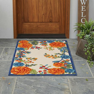 3' X 4' Ivory Orange and Blue Floral Indoor Outdoor Area Rug