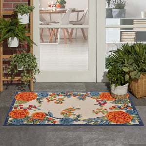 3' X 4' Ivory Orange and Blue Floral Indoor Outdoor Area Rug