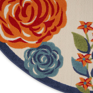 8' Ivory Orange and Blue Round Floral Indoor Outdoor Area Rug