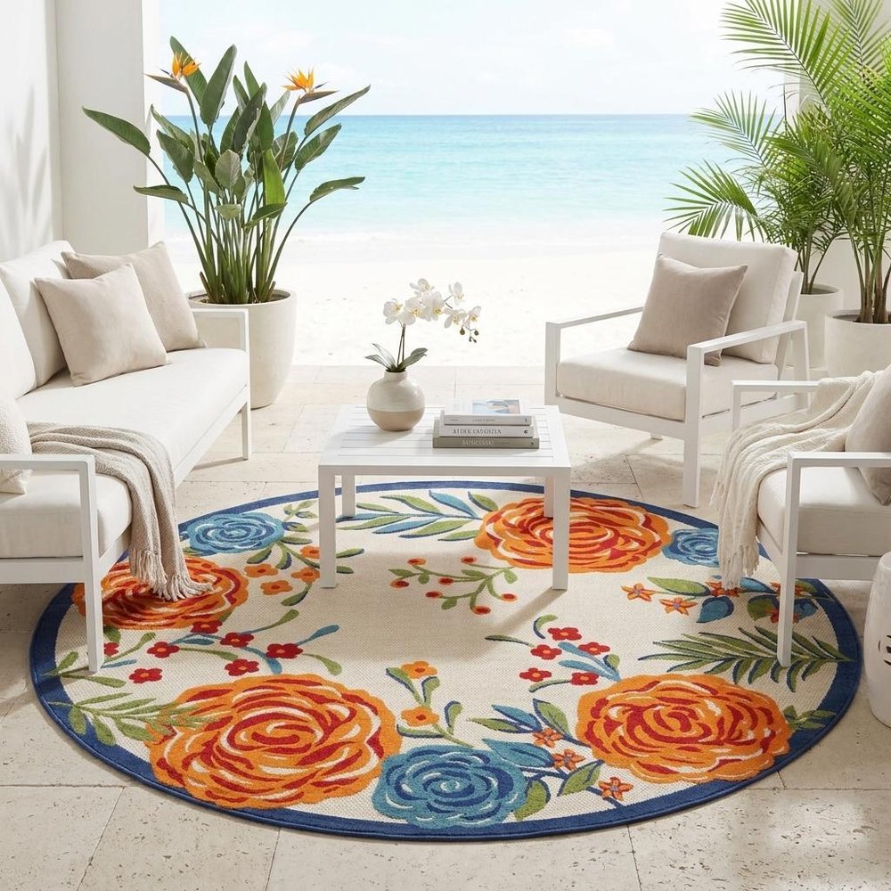 8' Ivory Orange and Blue Round Floral Indoor Outdoor Area Rug