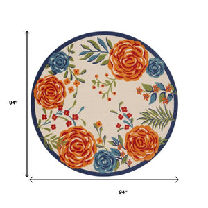 8' Ivory Orange and Blue Round Floral Indoor Outdoor Area Rug