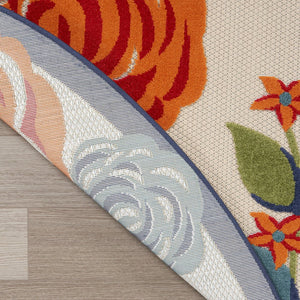 8' Ivory Orange and Blue Round Floral Indoor Outdoor Area Rug