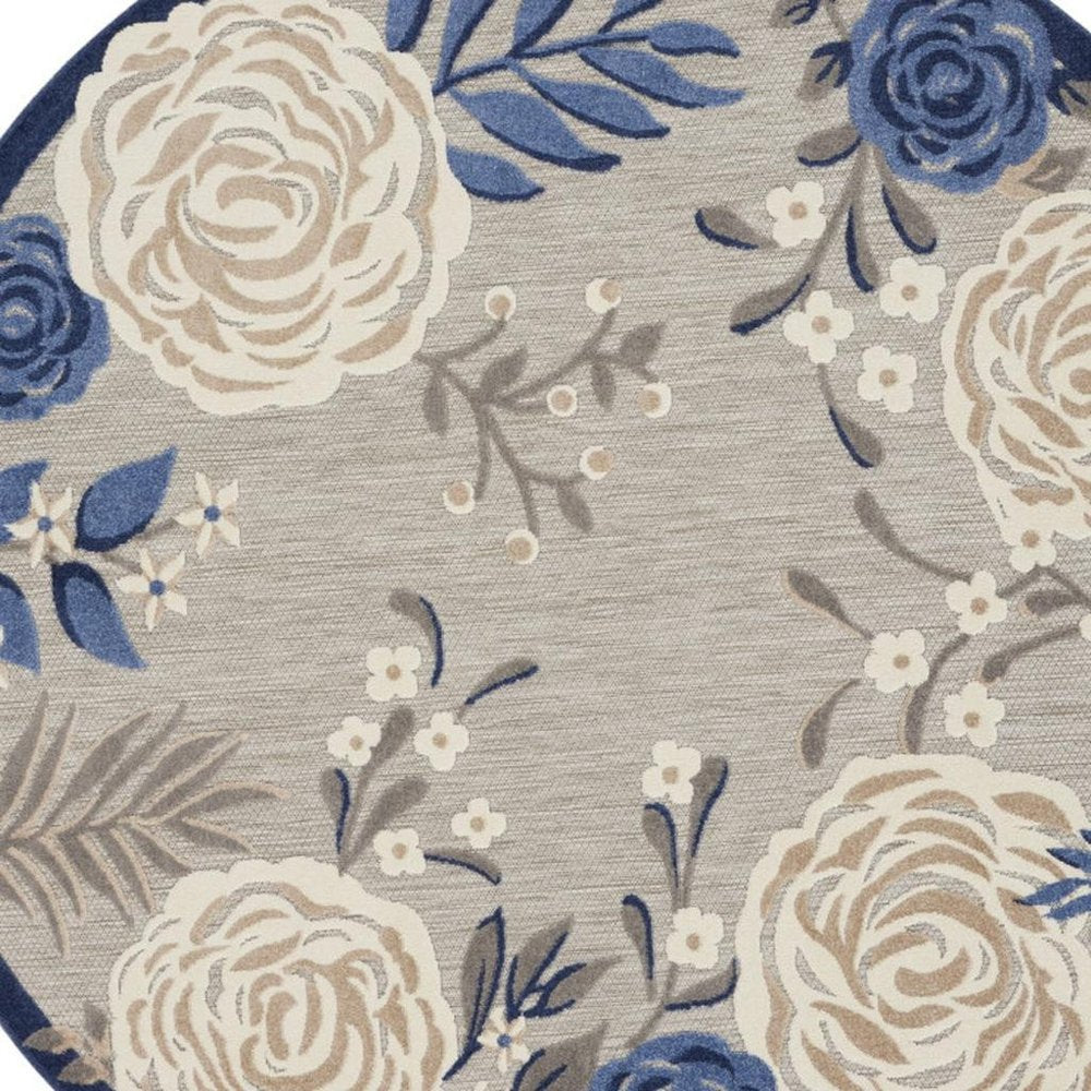 8' Blue and Gray Round Floral Indoor Outdoor Area Rug