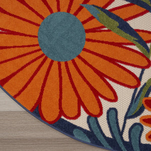 8' Ivory Orange and Blue Round Floral Indoor Outdoor Area Rug