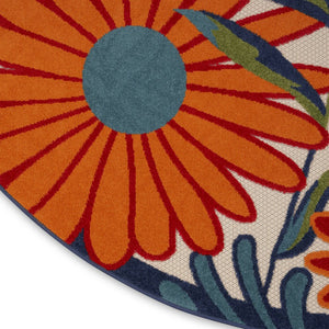 8' Ivory Orange and Blue Round Floral Indoor Outdoor Area Rug