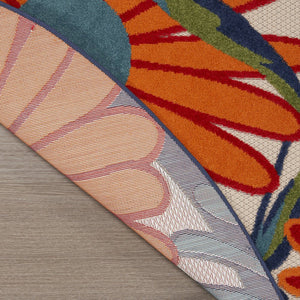 8' Ivory Orange and Blue Round Floral Indoor Outdoor Area Rug
