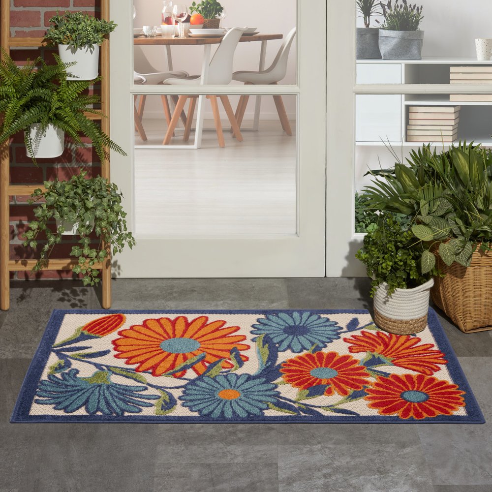 3' X 4' Ivory Orange and Blue Floral Indoor Outdoor Area Rug