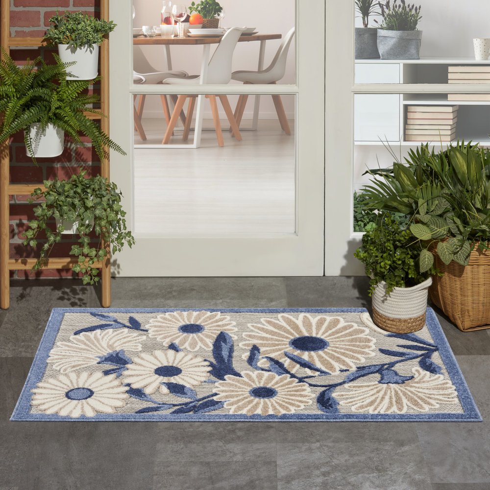 3' X 4' Blue and Gray Floral Indoor Outdoor Area Rug