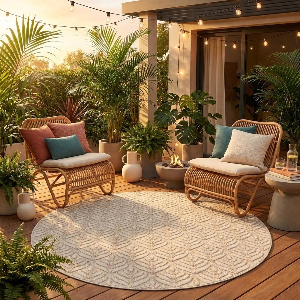 8' Gray and Ivory Round Floral Indoor Outdoor Area Rug
