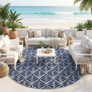 8' Blue Round Floral Indoor Outdoor Area Rug