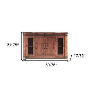 60" Brown Solid Wood Cabinet Enclosed Storage Distressed TV Stand