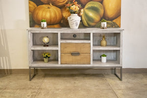 70" Light Gray Solid Wood Open shelving Distressed TV Stand