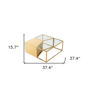 Set of Three 37" Clear And Gold Glass And Stainless Steel Square Mirrored Bunching Coffee Tables