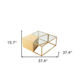 Set of Three 37" Clear And Gold Glass And Stainless Steel Square Mirrored Bunching Coffee Tables