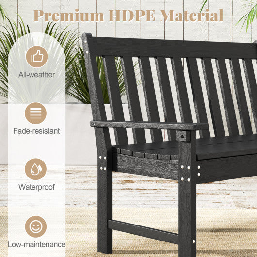 52 Inch All-Weather HDPE Outdoor Bench with Backrest and Armrests-Black