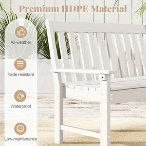 52 Inch All-Weather HDPE Outdoor Bench with Backrest and Armrests-White