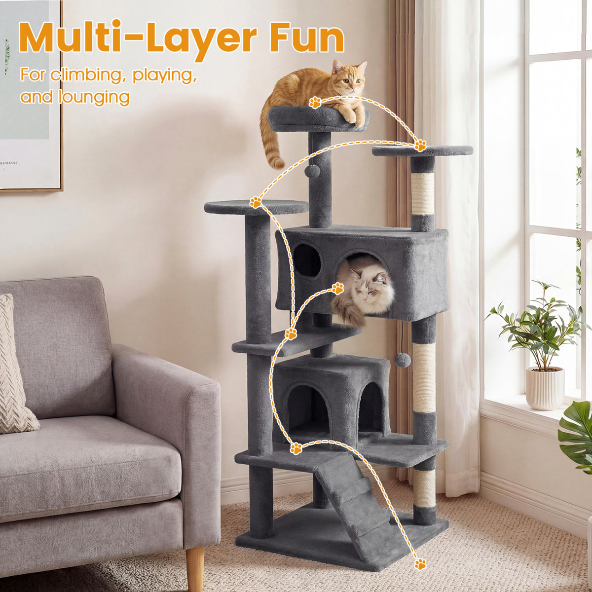 52 Inch Tall Cat Tree Tower for Indoor Cats-Light Gray