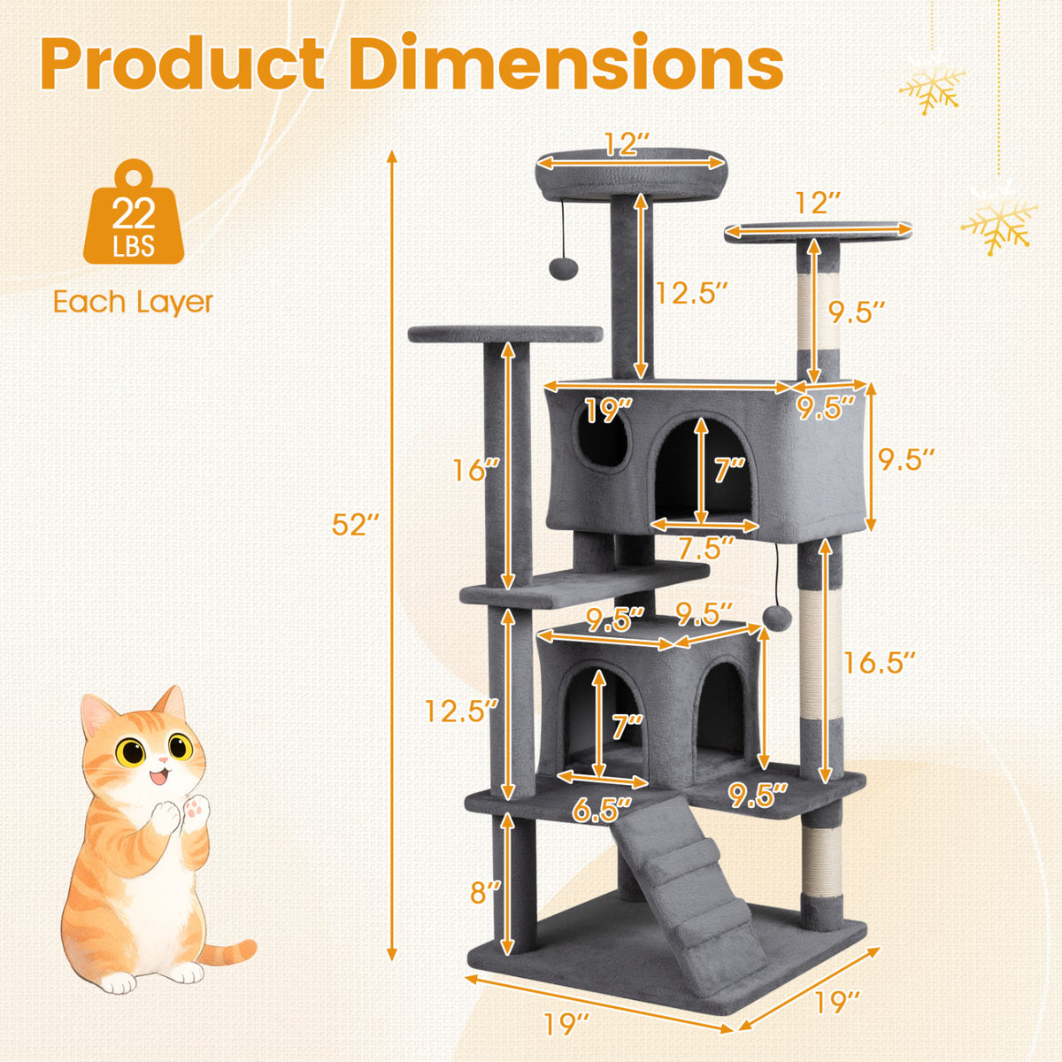 52 Inch Tall Cat Tree Tower for Indoor Cats-Light Gray