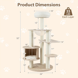 52 Inches Tall Wooden Cat Tree with Washable Plush Cushions and Multi-Level Climbing Stand