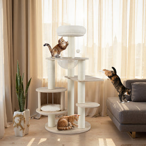 52 Inches Tall Wooden Cat Tree with Washable Plush Cushions and Multi-Level Climbing Stand