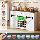 52 Inches Wine Bar Cabinet with LED Lights and Sliding Barn Doors-White