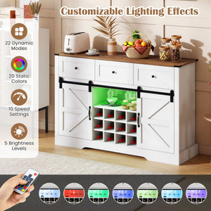 52 Inches Wine Bar Cabinet with LED Lights and Sliding Barn Doors-White