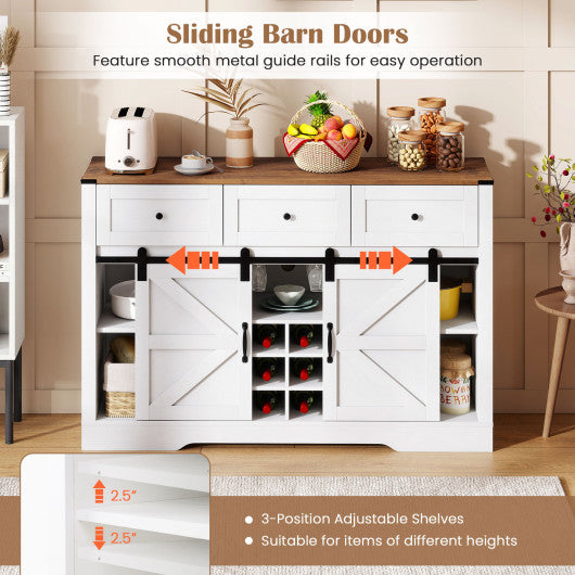 52 Inches Wine Bar Cabinet with LED Lights and Sliding Barn Doors-White