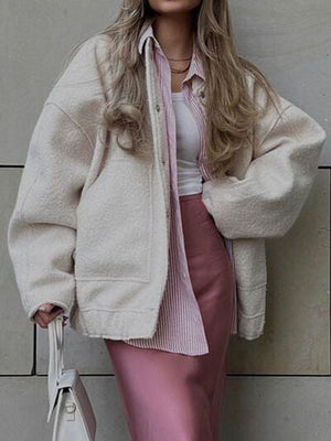 Autumn Casual Full Size Drop Shoulder Snap Down Jacket with Buttoned Front and Pockets