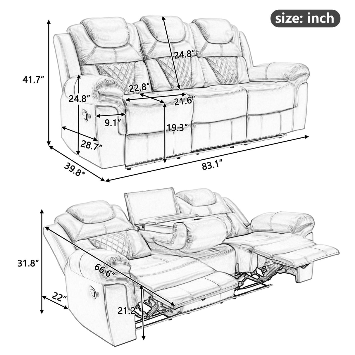 3 Pieces Recliner Sofa Sets Home Theater Seating Manual Recliner Chair With Center Console And Led Light Strip For Living Room by Couch.com