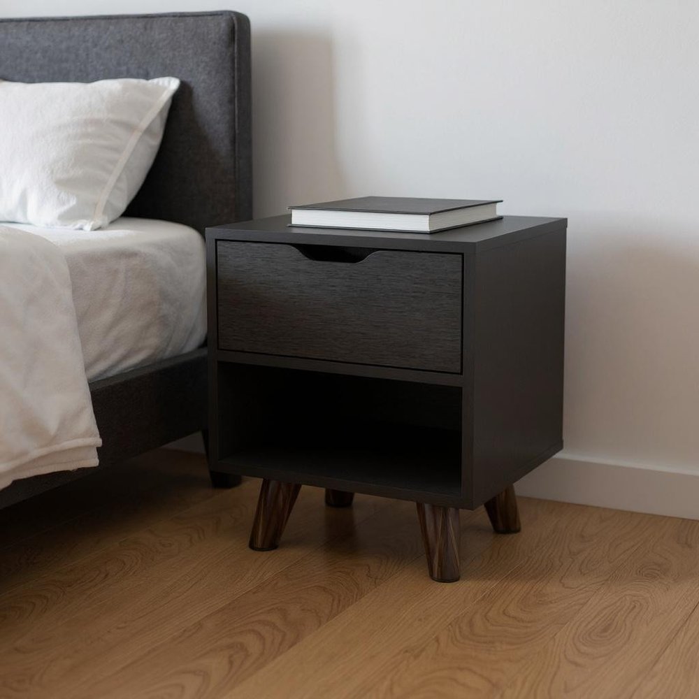 19" Black Wood One Drawer Nightstand