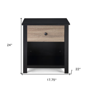24" Black Solid Wood and Wood One Drawer Nightstand