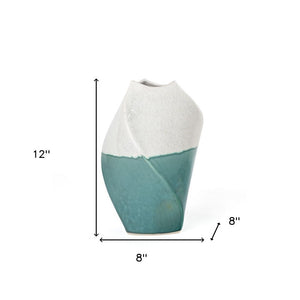 12" Green and Ivory Ombre Wavy Ceramic Table Vase
