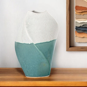 12" Green and Ivory Ombre Wavy Ceramic Table Vase