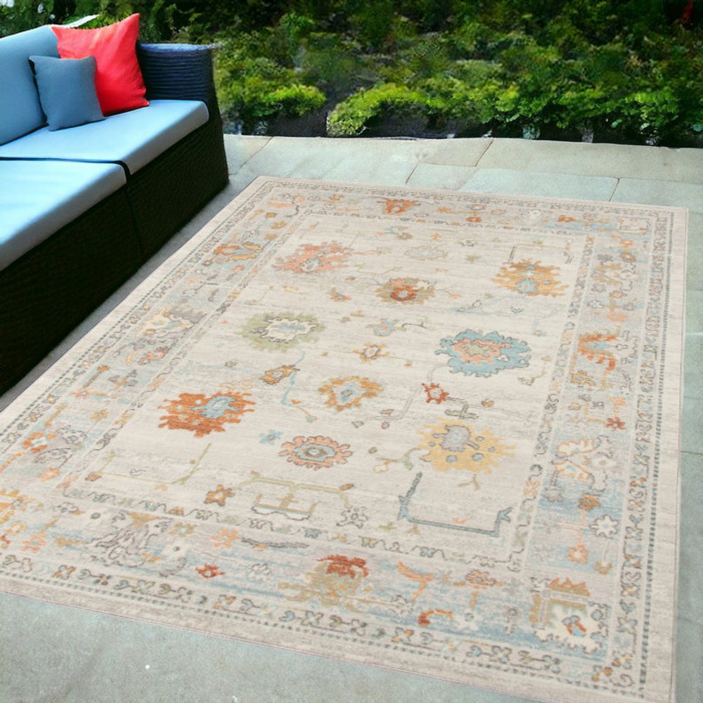 8' X 10' Gray and Orange Floral Stain Resistant Indoor Outdoor Area Rug