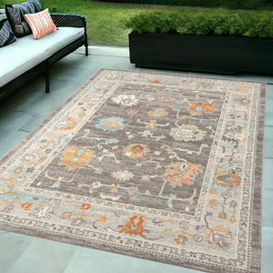 8' X 10' Gray and Orange Floral Stain Resistant Indoor Outdoor Area Rug