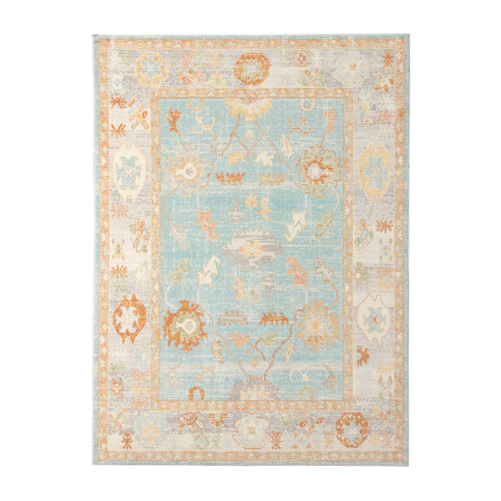 8' X 10' Blue and Orange Floral Stain Resistant Indoor Outdoor Area Rug